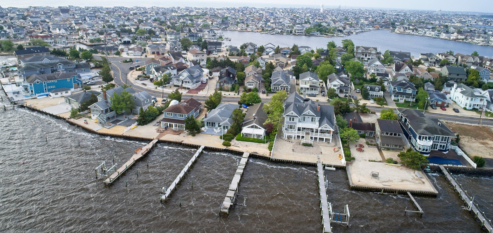 Aerial view of waterfront homes